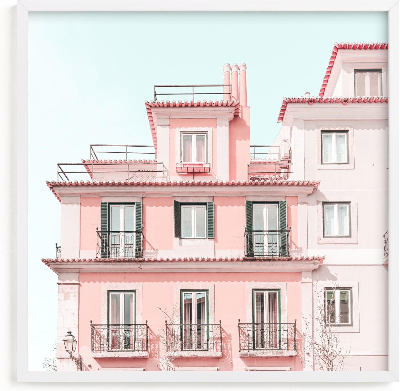 This is a blue art by Heather Loriece called Pastel Pink House.