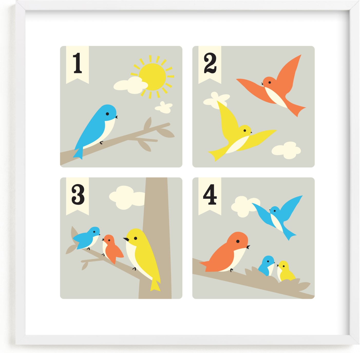 This is a blue nursery wall art by Tara Lilly Studio called Bird Count.