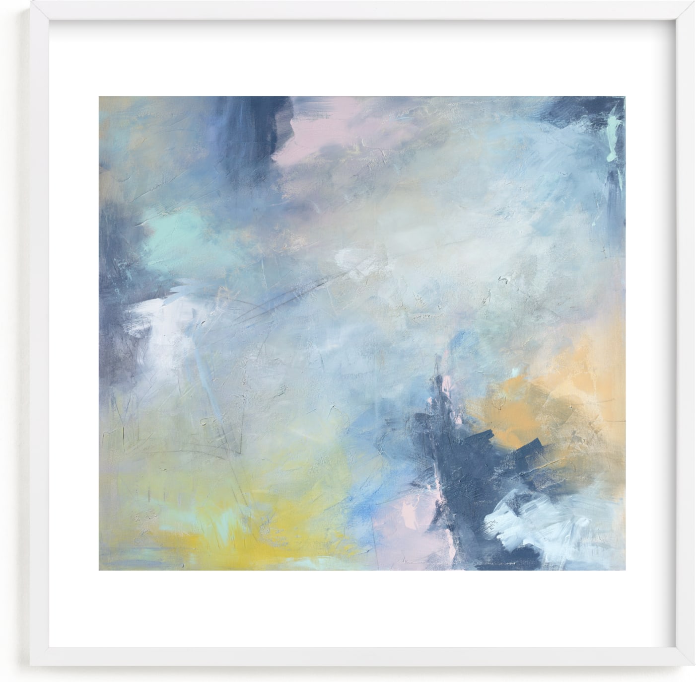 This is a blue, colorful nursery wall art by Julia Contacessi called Blissful Escape No. 1.
