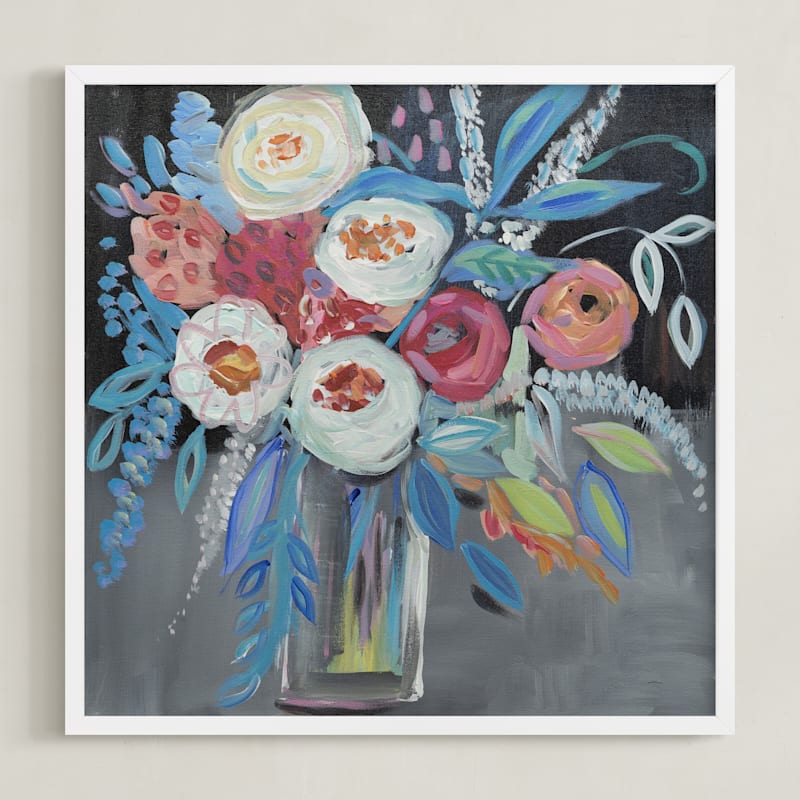 "Peonies by the night" - Art Print in Midnight Blue by FARIDA ZAMAN - Framed