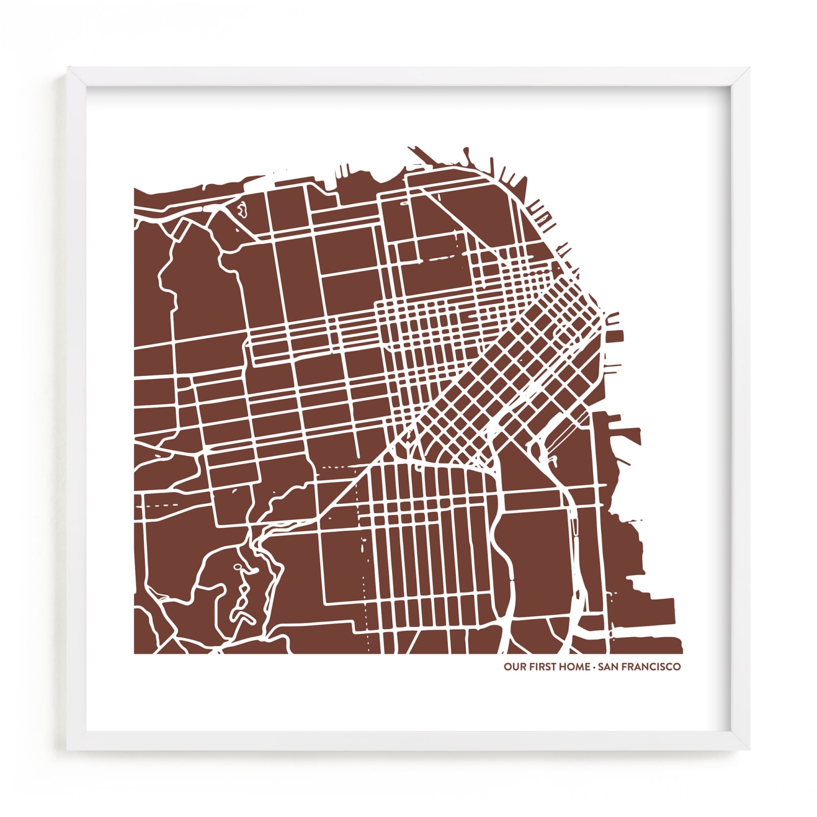 This is a red custom map printing by Minted called Custom Filled Map Art.