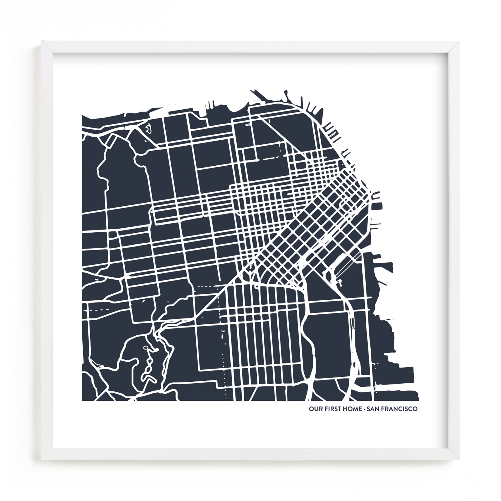 This is a blue custom map printing by Minted called Custom Filled Map Art.