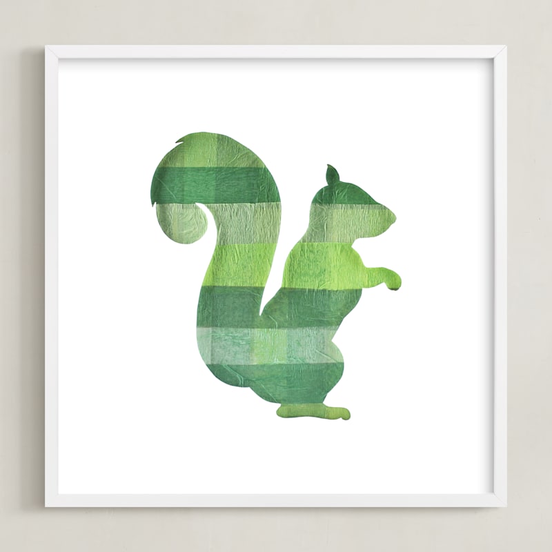 "Green Party Squirrel" - Art Print in Silhouette Green by Jeff Preuss - Framed