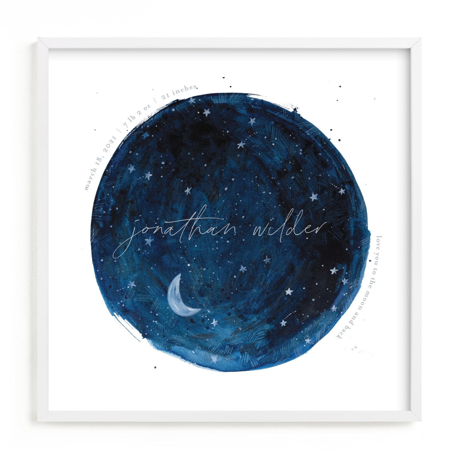 This is a blue nursery wall art by Krissy Bengtson called Lunar.