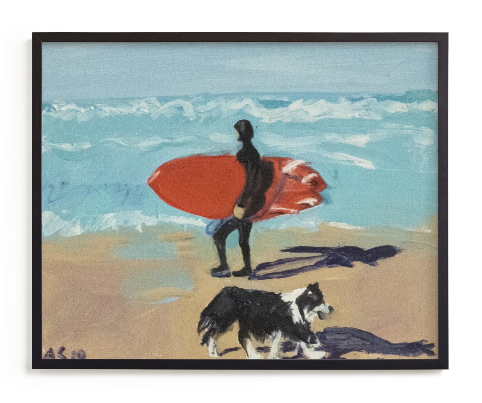 "Dog Beach Carmel; Surfer with Dog" - Limited Edition Art Print by Annie Seaton in beautiful frame options and a variety of sizes.