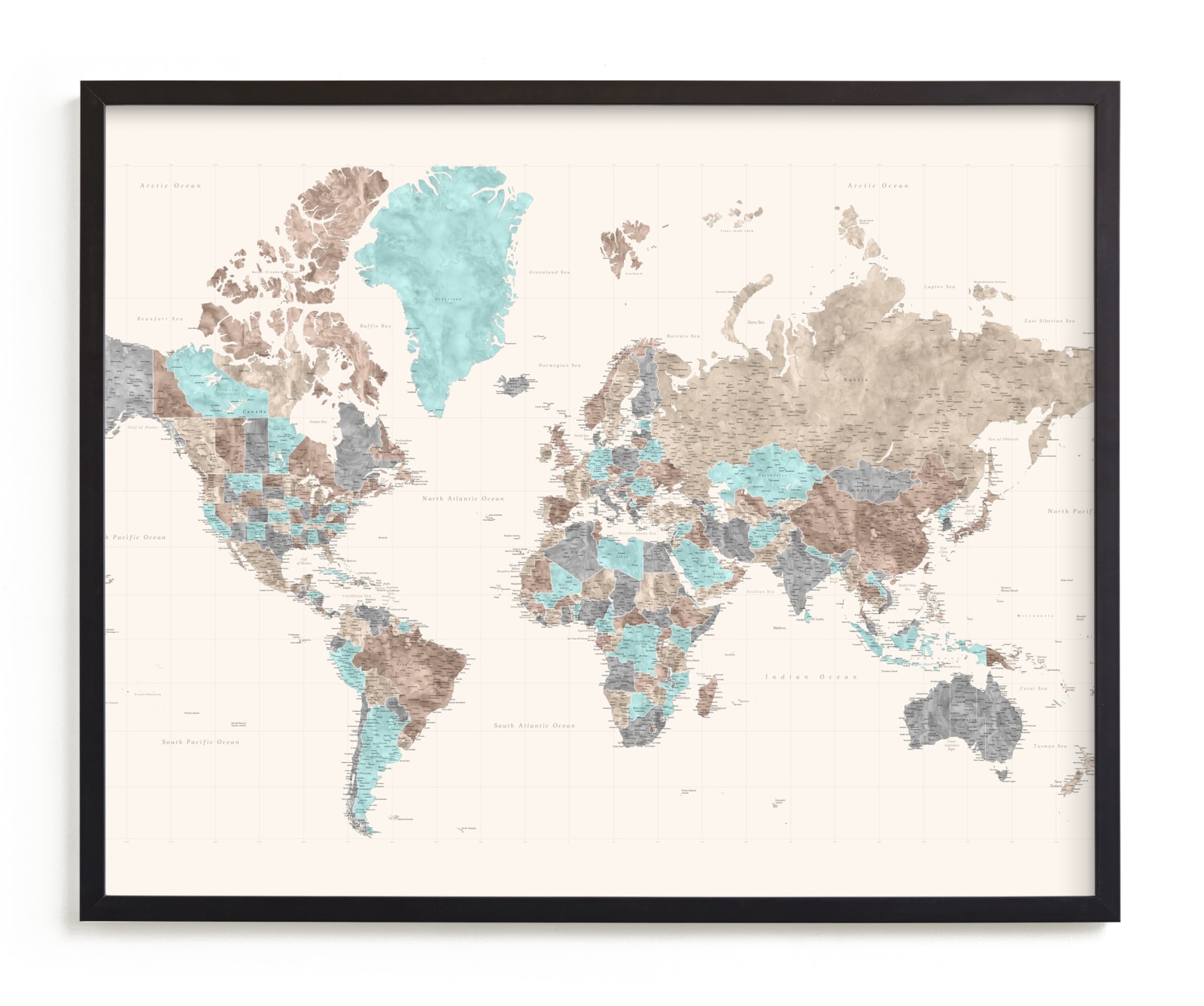 "Highly detailed watercolor world map" by Rosana Laiz Blursbyai in beautiful frame options and a variety of sizes.