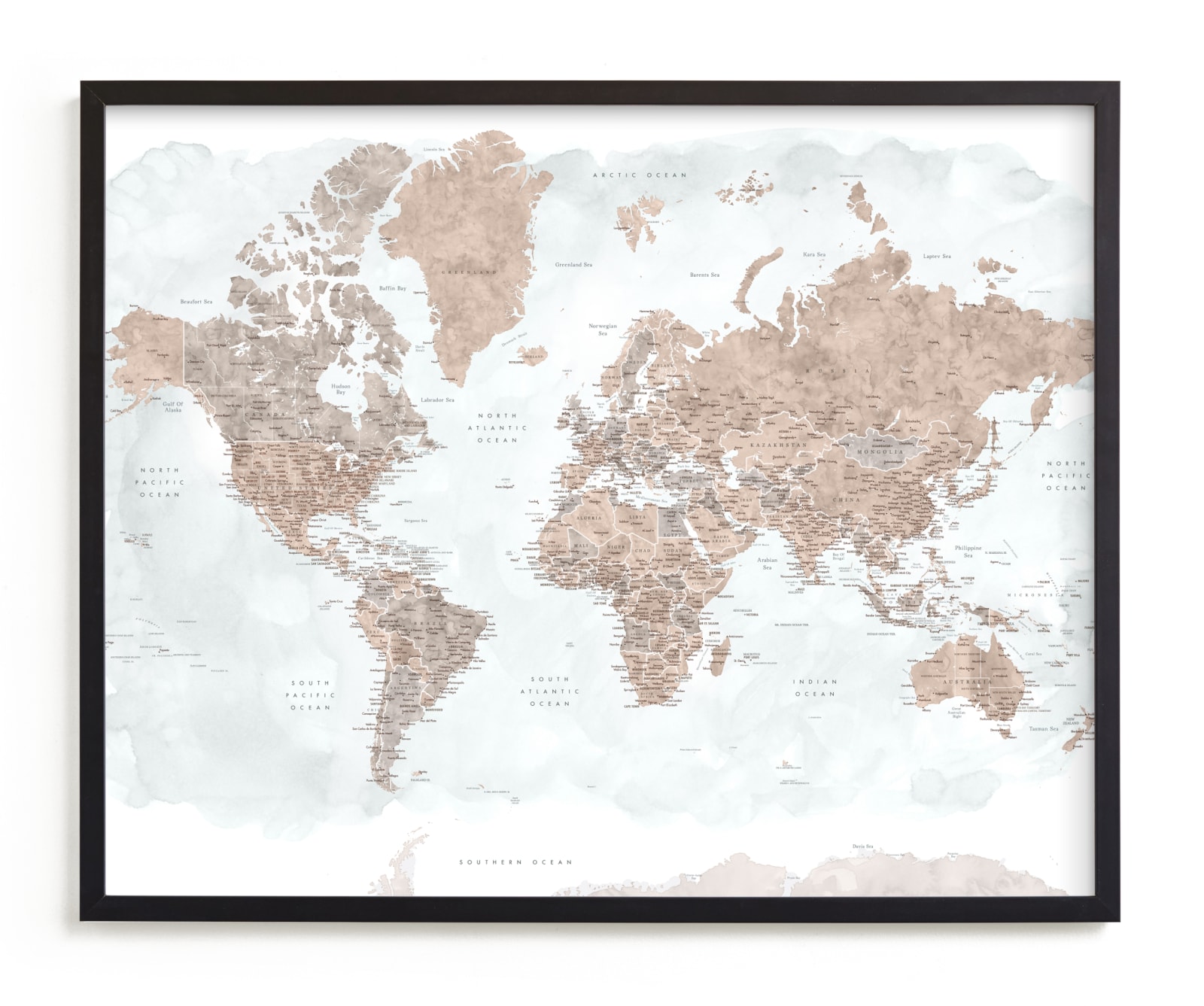 "Calista detailed watercolor world map" by Rosana Laiz Blursbyai in beautiful frame options and a variety of sizes.