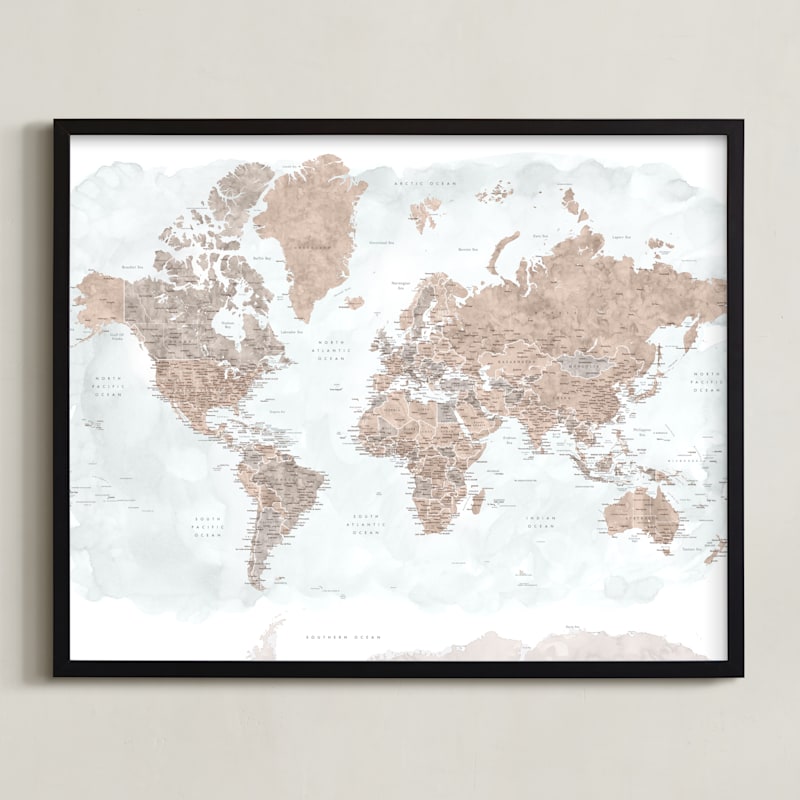 "Calista detailed watercolor world map" by Rosana Laiz Blursbyai in beautiful frame options and a variety of sizes.