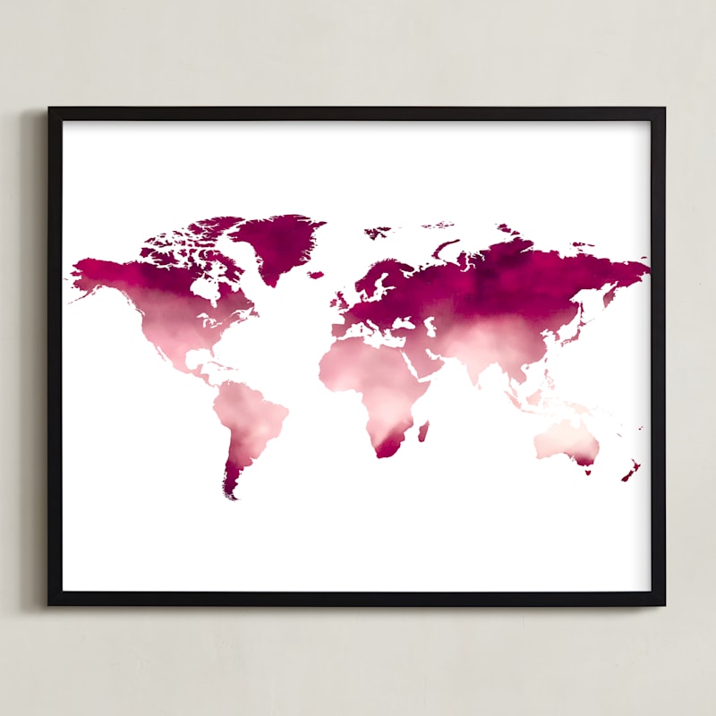 "Burgundy Watercolor World Map" by Katrina Lindhorst in beautiful frame options and a variety of sizes.