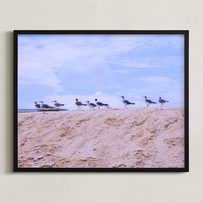 "Seagulls on Sand Hill" - Art Print in Calm Blue by AreekaDesigns - Framed