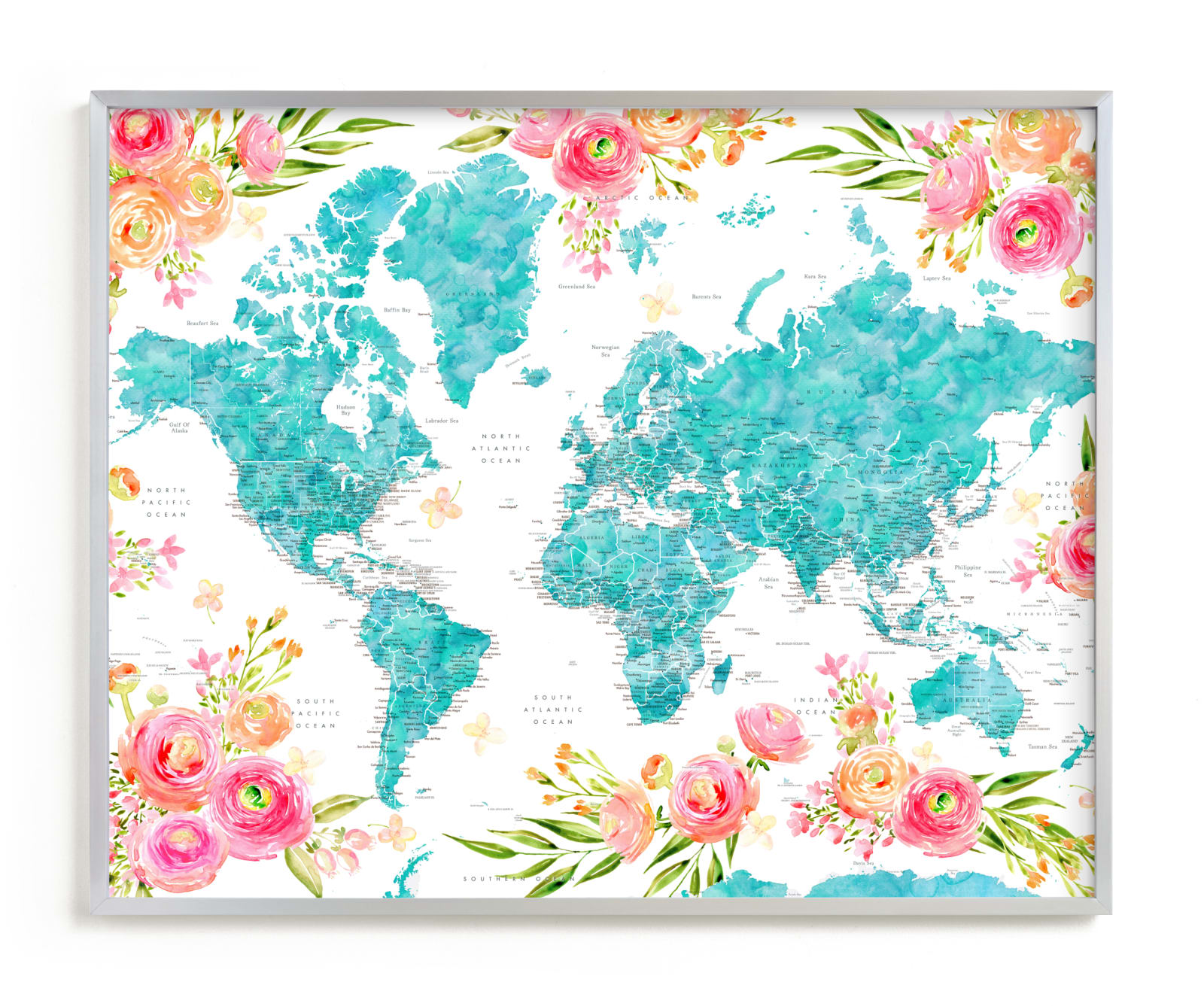"Halen floral world map" by Rosana Laiz Blursbyai in beautiful frame options and a variety of sizes.