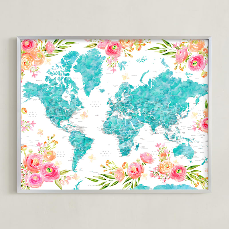"Halen floral world map" by Rosana Laiz Blursbyai in beautiful frame options and a variety of sizes.