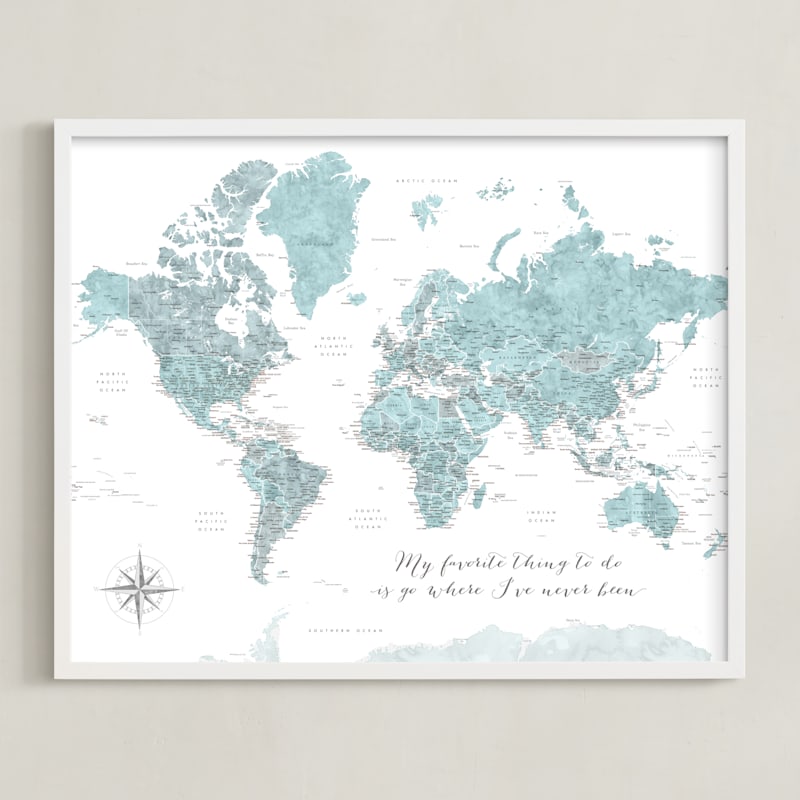 "Where I've never been world map" by Rosana Laiz Blursbyai in beautiful frame options and a variety of sizes.