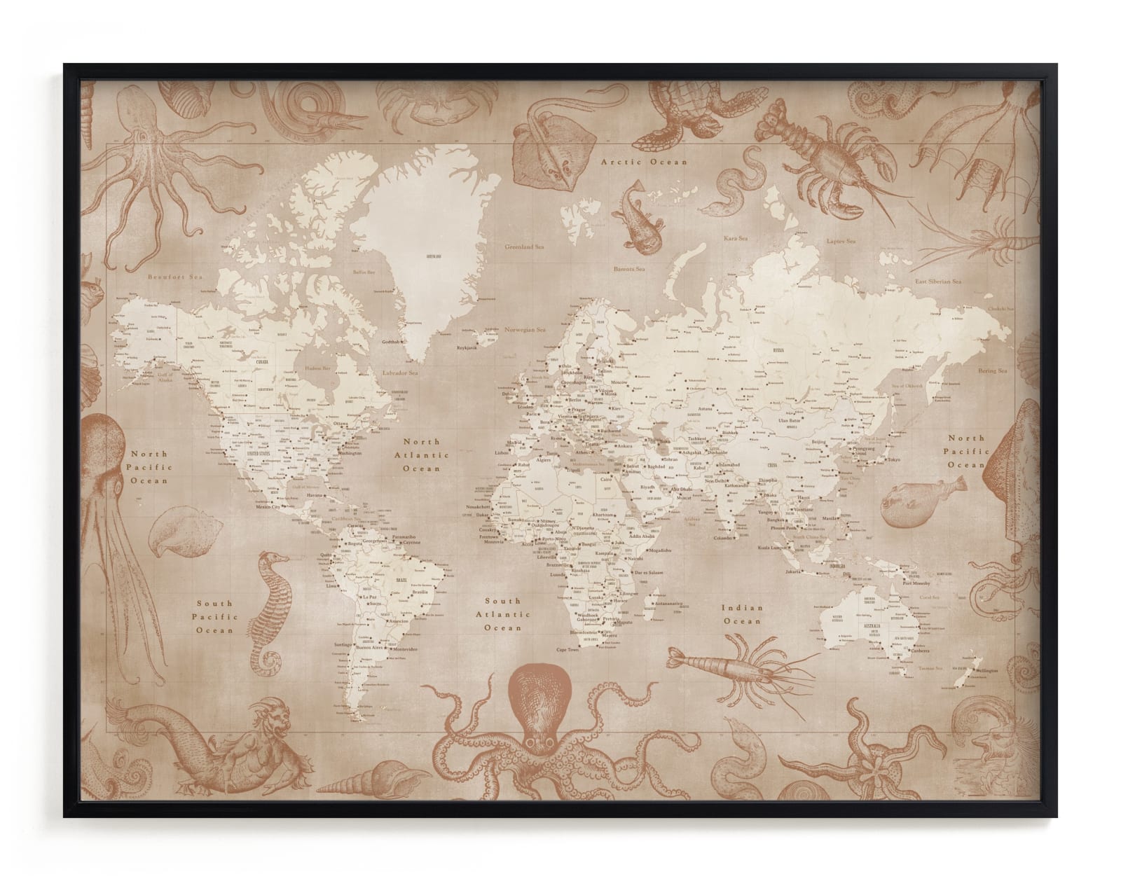 "Vintage world map with sea monsters" - Art Print by Rosana Laiz Blursbyai in beautiful frame options and a variety of sizes.