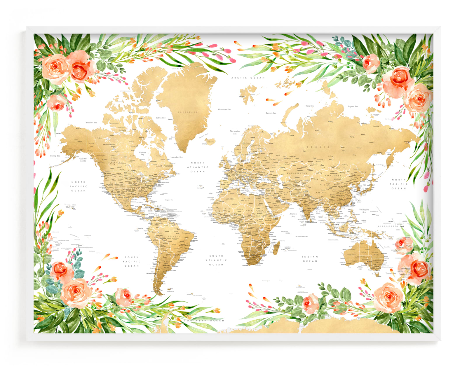 "Blythe floral world map with cities" by Rosana Laiz Blursbyai in beautiful frame options and a variety of sizes.