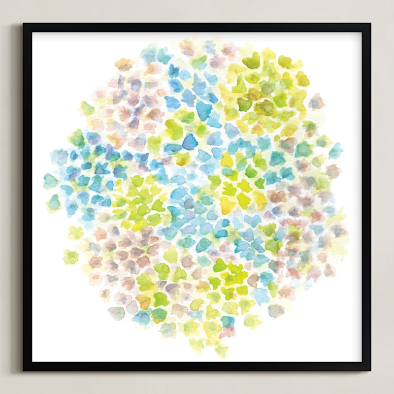 "Hydrangea in Bloom" - Art Print in Mixed greens, blues and mauves by Jessica Baskin - Framed