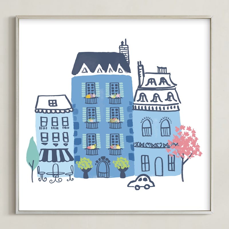 "Paris, J'adore" - Art Print in Parisian Blue by Ali Macdonald - Framed