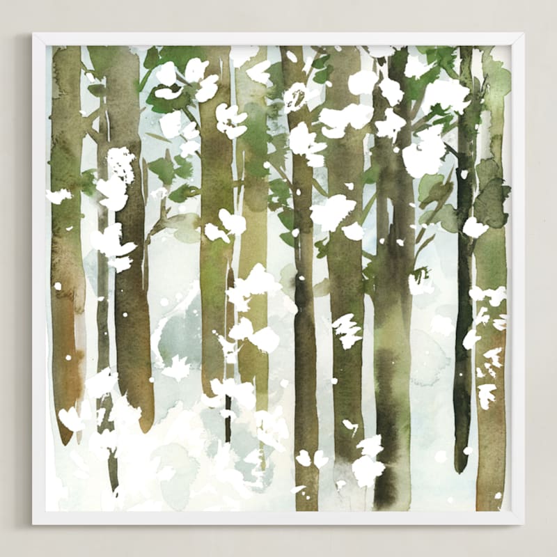 "Forest Snow- Square" - Art Print in Forest Green by Yao Cheng Design - Framed