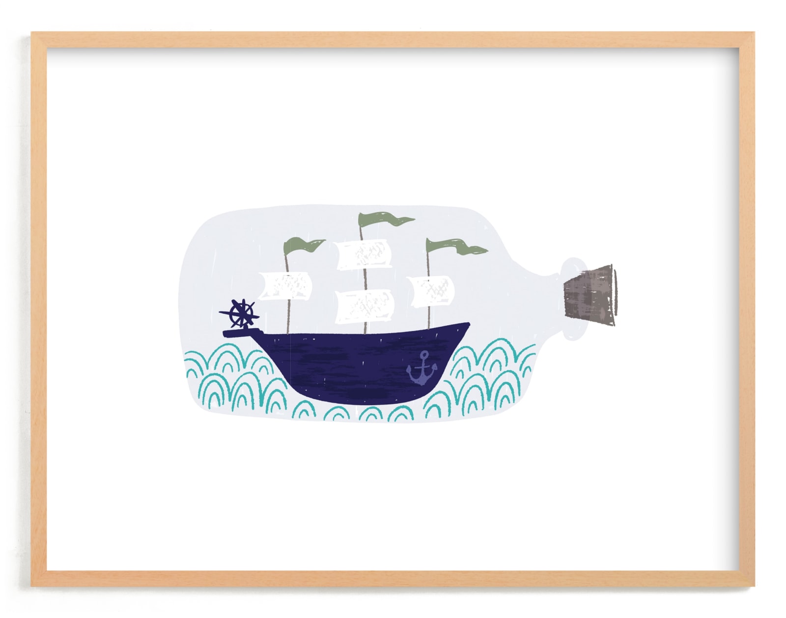 "Little Sail Boat Bottle" by Jackie Crawford in beautiful frame options and a variety of sizes.
