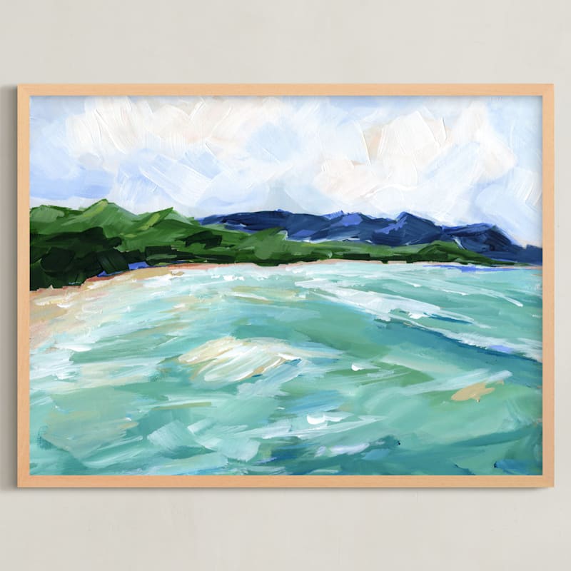 "Golden Light Bay" - Art Print in Turquoise Sea by Sarah Finkel - Framed