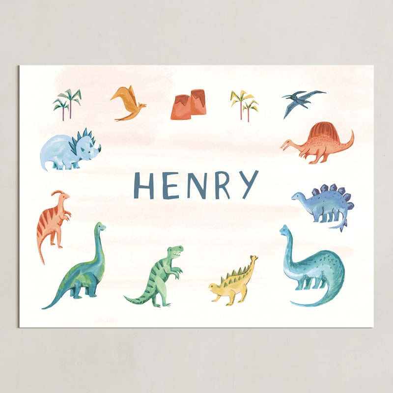 "Dino Friends" - Personalized Art Print in Amber by Teju Reval - Unframed