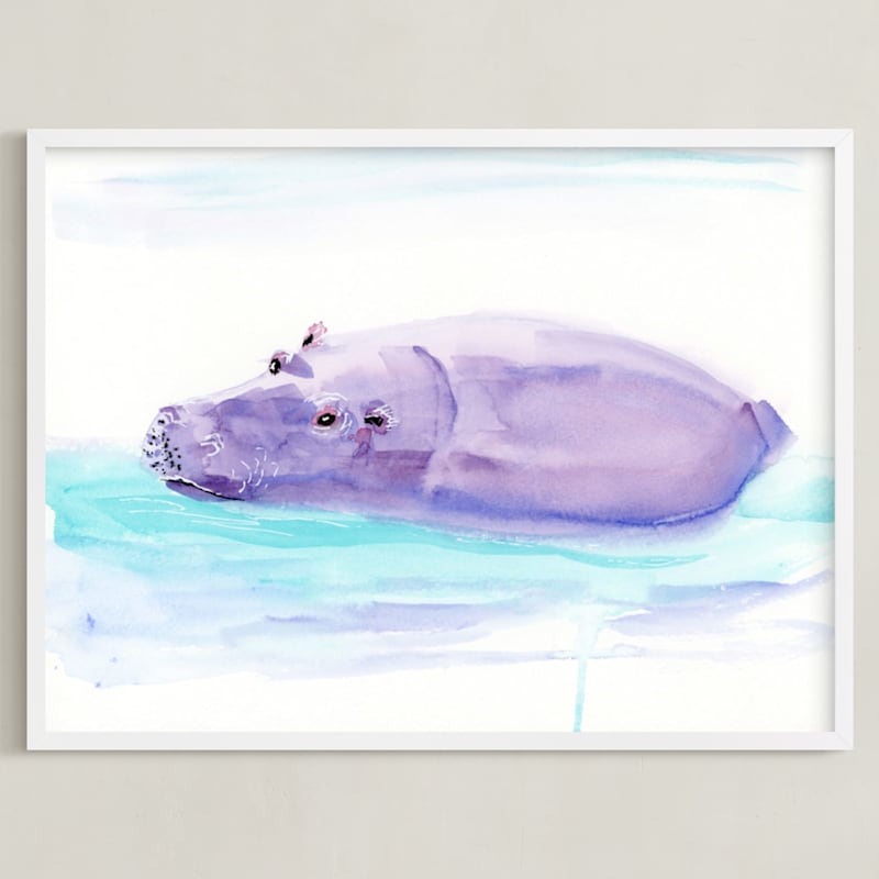 "Hippo Hooray" - Art Print in lilac by Lindsay Megahed - Framed