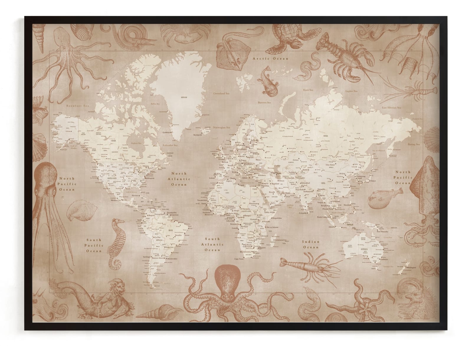 "Vintage world map with sea monsters" - Art Print by Rosana Laiz Blursbyai in beautiful frame options and a variety of sizes.