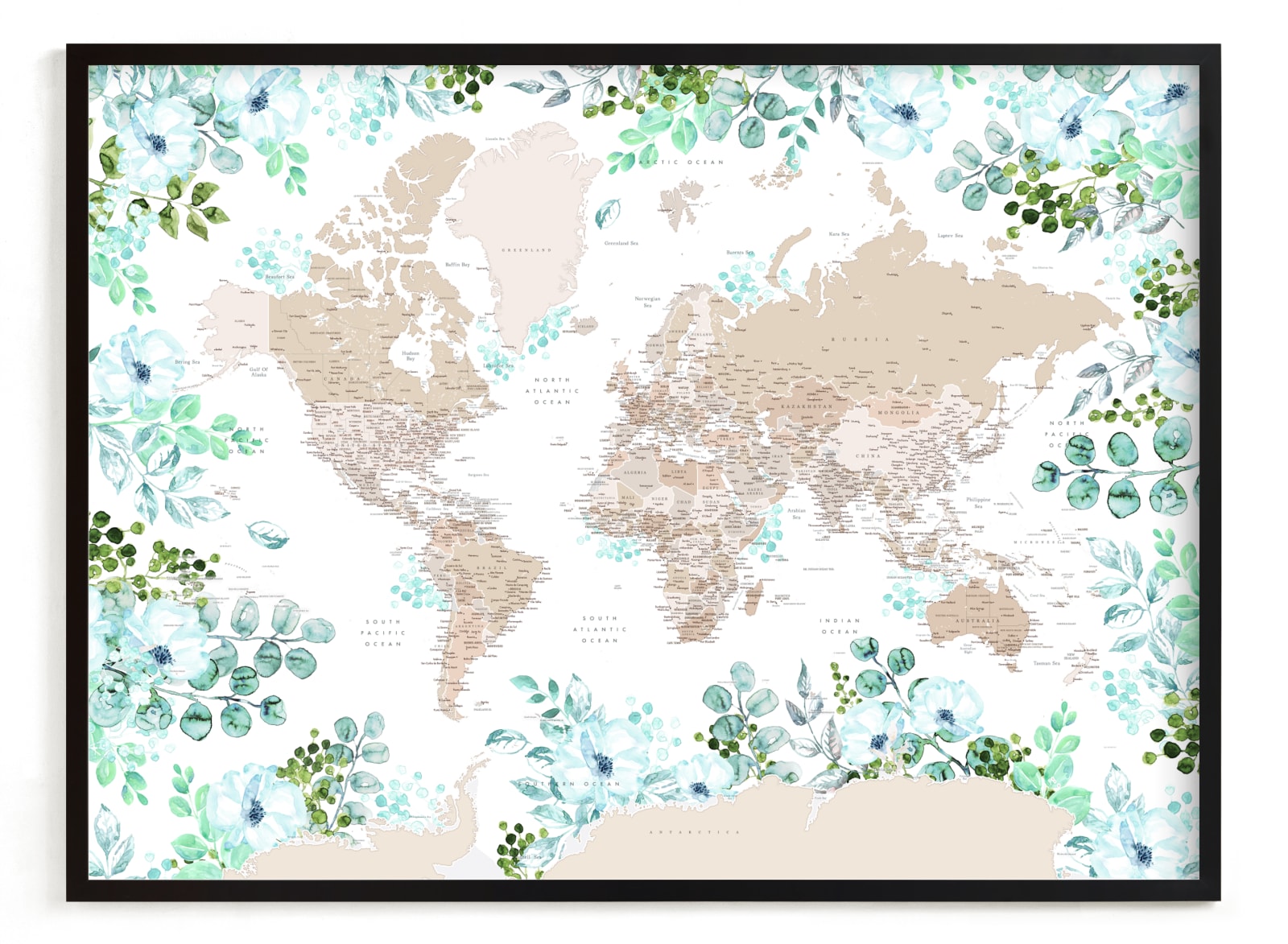 "Leanne floral world map" by Rosana Laiz Blursbyai in beautiful frame options and a variety of sizes.