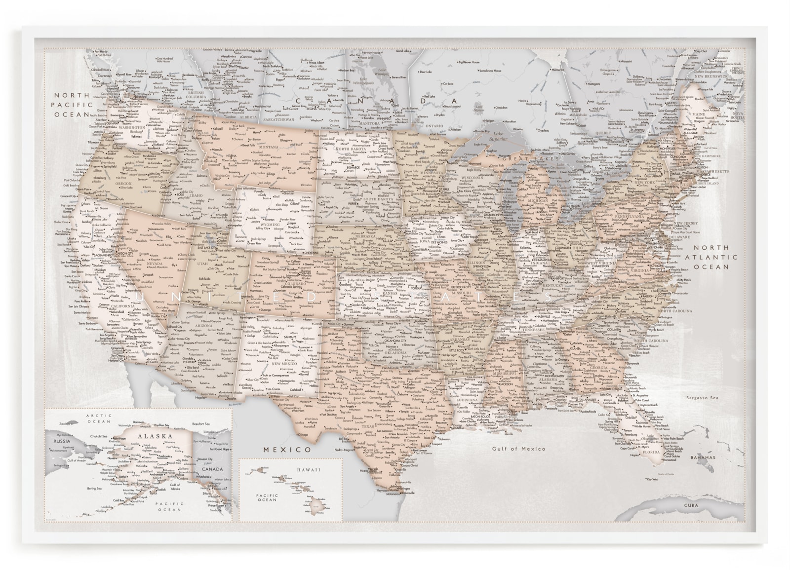 "Detailed map of the USA in rustic styles" by Rosana Laiz Blursbyai in beautiful frame options and a variety of sizes.