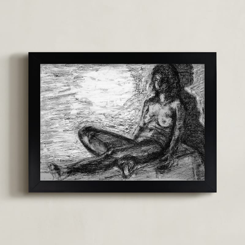 "Nude against the wall " - Art Print in charcoal by Attila - Framed