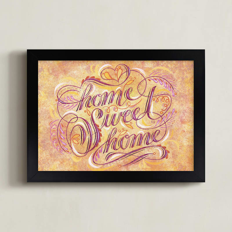 "Home Sweet Home Lettering" - Art Print in Yellow by Elaine Stephenson - Framed