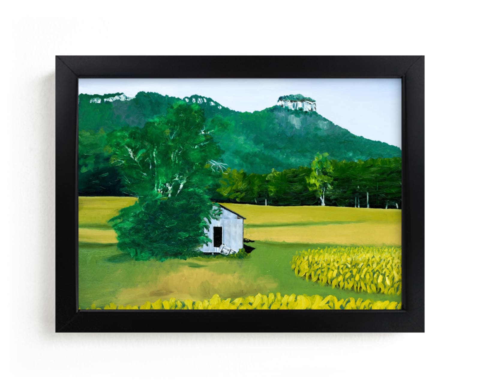 "Tin Shack Beneath Pilot Mountain" - Art Print by Robert Deem in beautiful frame options and a variety of sizes.