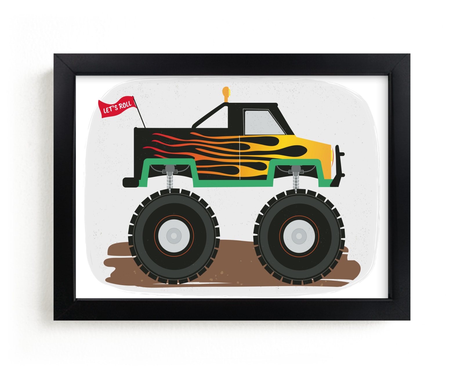 "Flaming Monster Truck" - Art Print by Rebecca Marchese in beautiful frame options and a variety of sizes.
