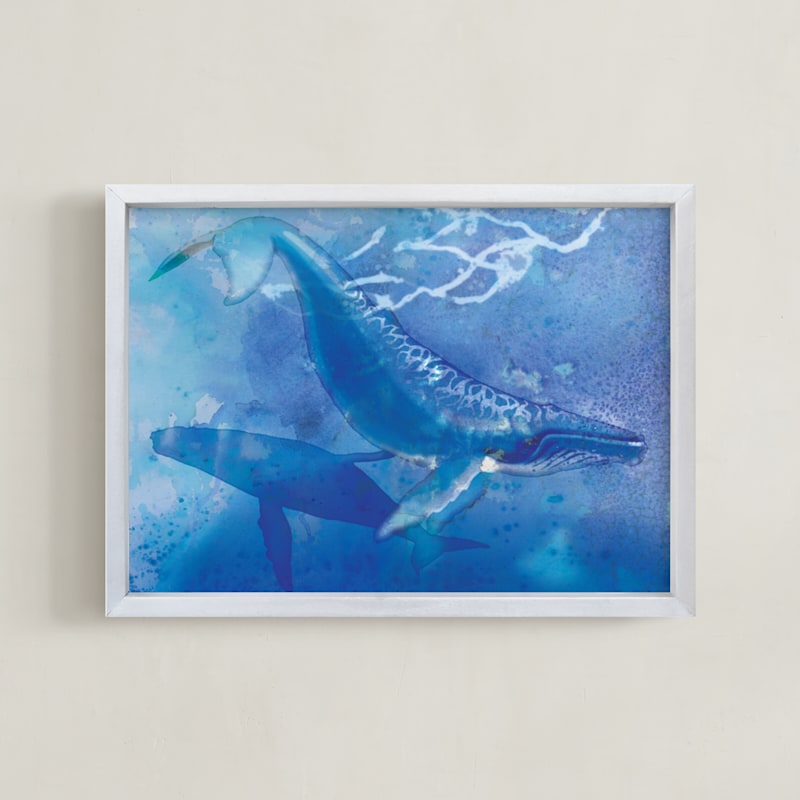 "Humpback Whale" - Art Print in Pure Cyan by Tracy Ann - Framed