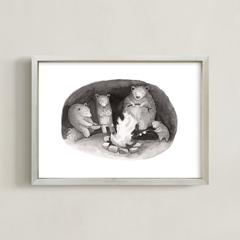 "Fireside Bears" - Art Print in Soft Black by Sarah Holden - Framed