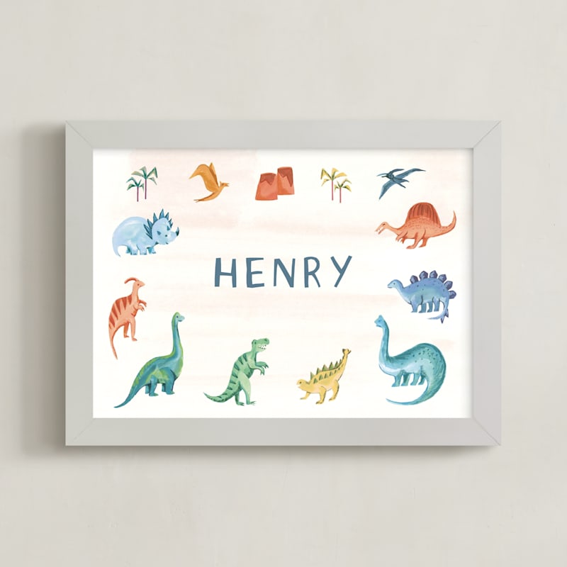 "Dino Friends" - Personalized Art Print in Amber by Teju Reval - Framed