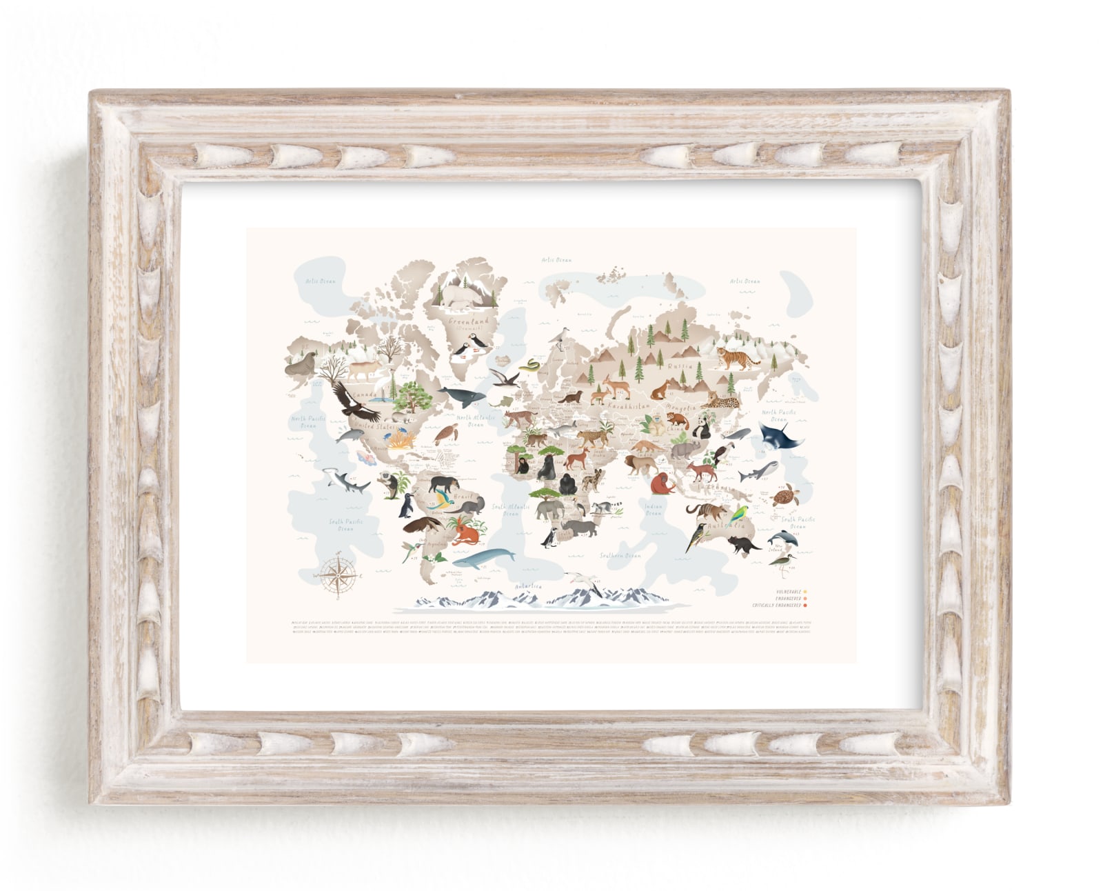 "Animals World map, 65 threatened species" by Sabrin Deirani in beautiful frame options and a variety of sizes.