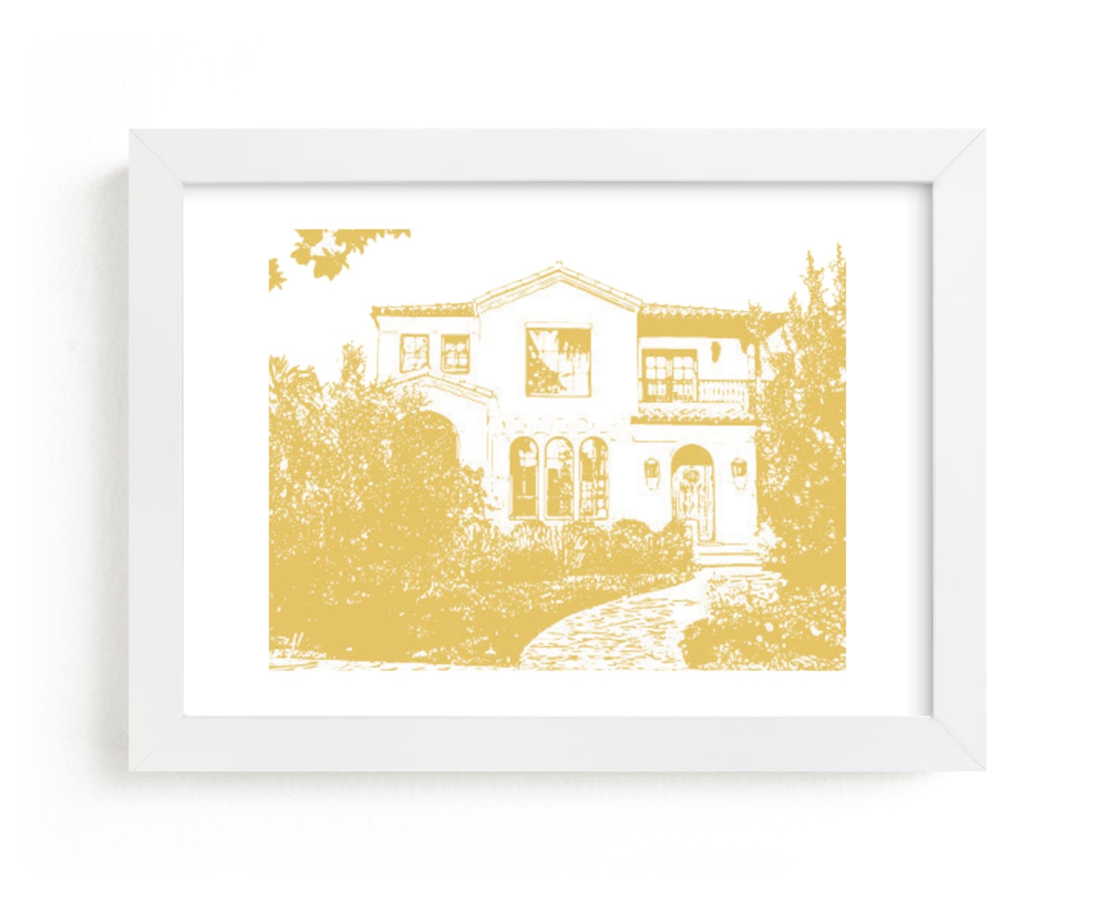 This is a yellow home wall art by Minted called Custom House Portrait Art.