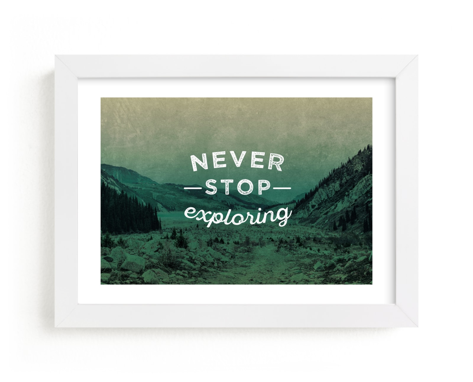 "Never Stop Exploring" by Hannah Lipking in beautiful frame options and a variety of sizes.