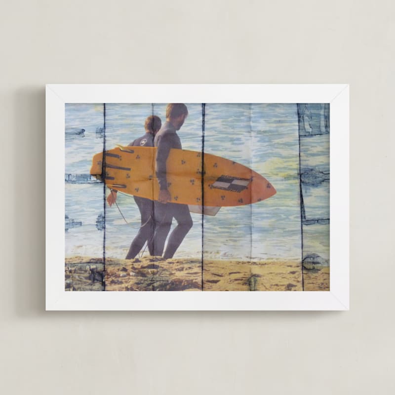 "2 Indigo Surfers, Orange Board" - Art Print by Annie Seaton in beautiful frame options and a variety of sizes.