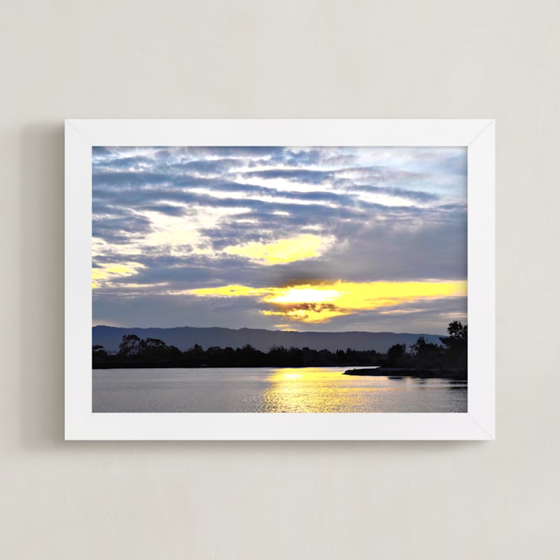 "Sun on Lake" - Art Print in Gold and steel by NSMARK - Framed