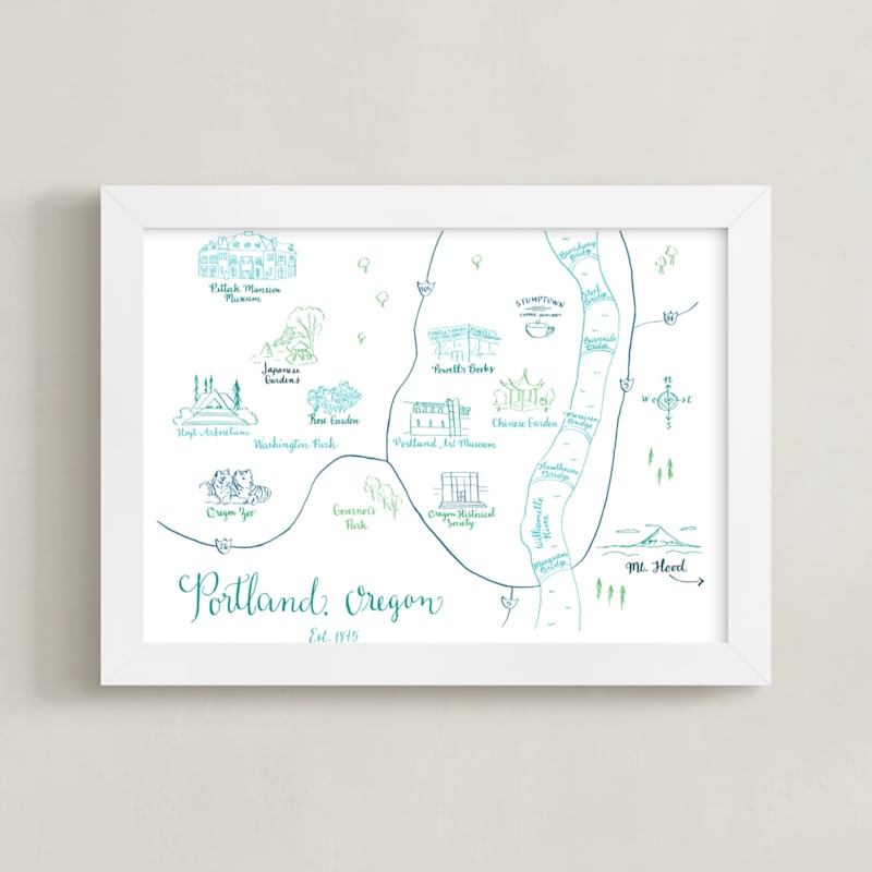"Portland, Oregon Calligraphy Map" - Art Print in Blue Green by Megan Kelso - Framed