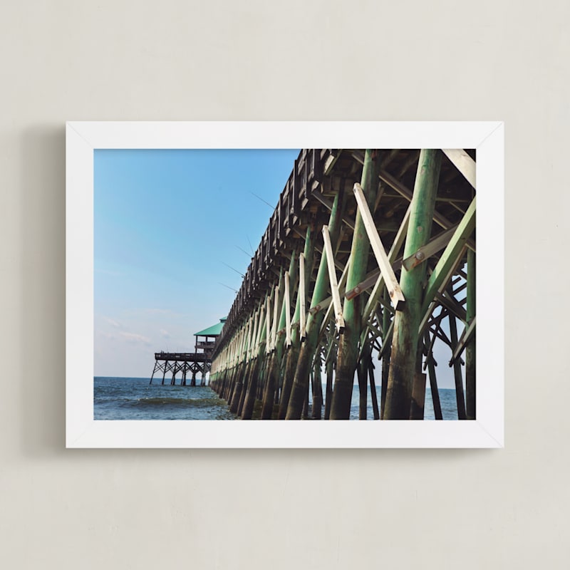 "Fishing off the Pier" - Art Print in Sky Blue by Jessica Marchetti - Framed