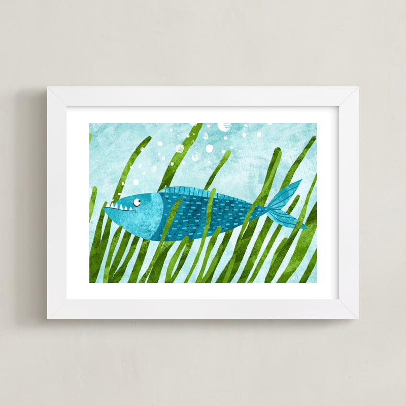 "That Blue Fish" - Art Print in Blue by Alf and Auguri - Framed