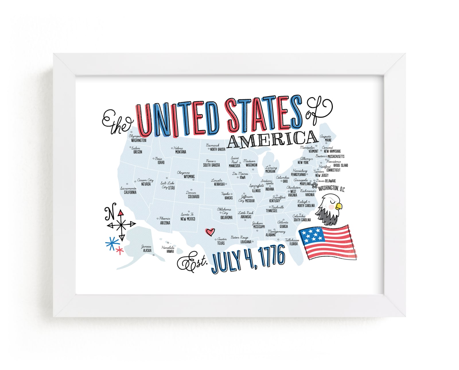 This is a blue kids wall art by Jessie Steury called USA Doodle Map.