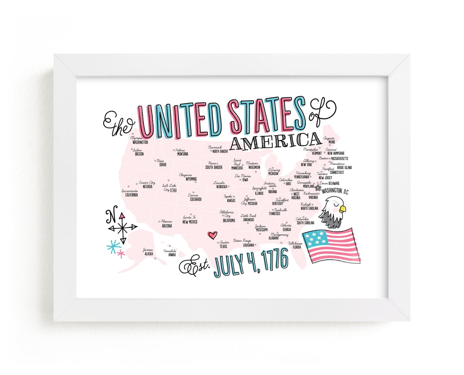 This is a pink kids wall art by Jessie Steury called USA Doodle Map.