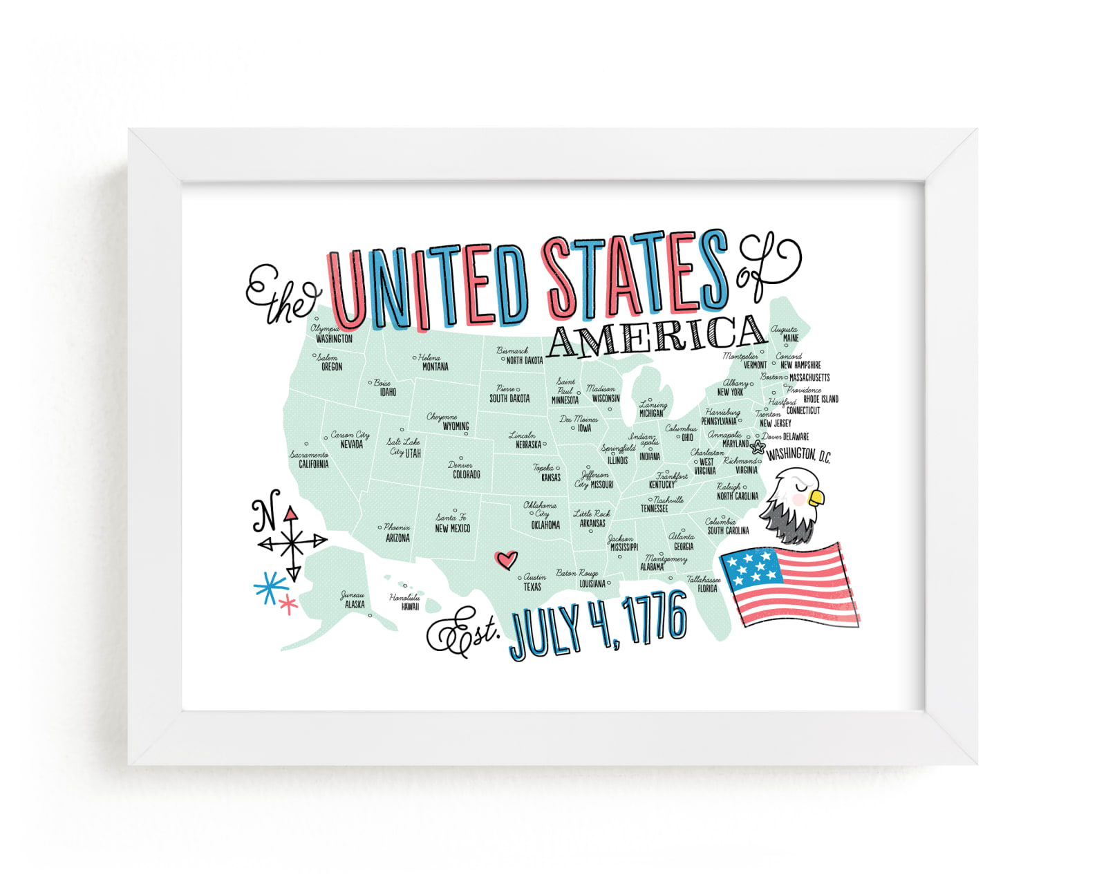 This is a blue kids wall art by Jessie Steury called USA Doodle Map.