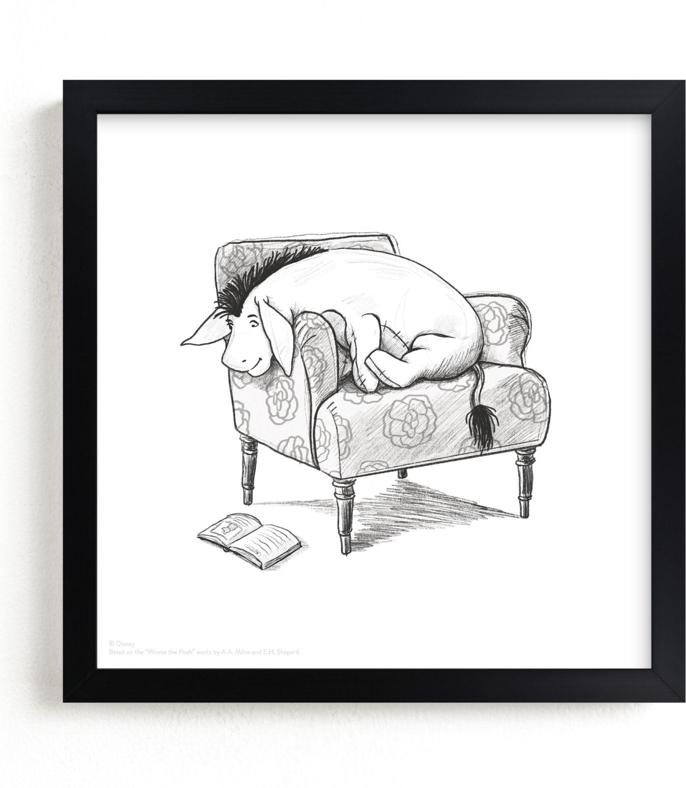 This is a black and white disney art by Stefanie Lane called Eeyore Lounging from Disney's Winnie The Pooh.
