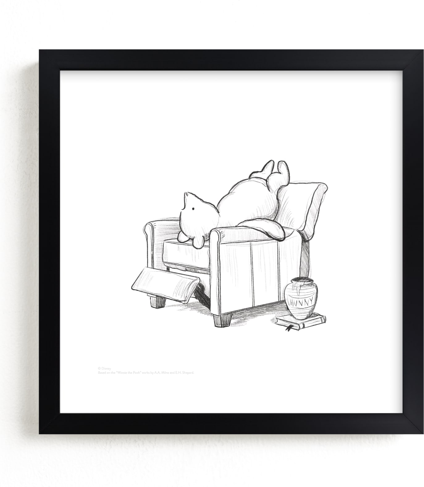 This is a black and white, white disney art by Stefanie Lane called Pooh Lounging from Disney's Winnie The Pooh.