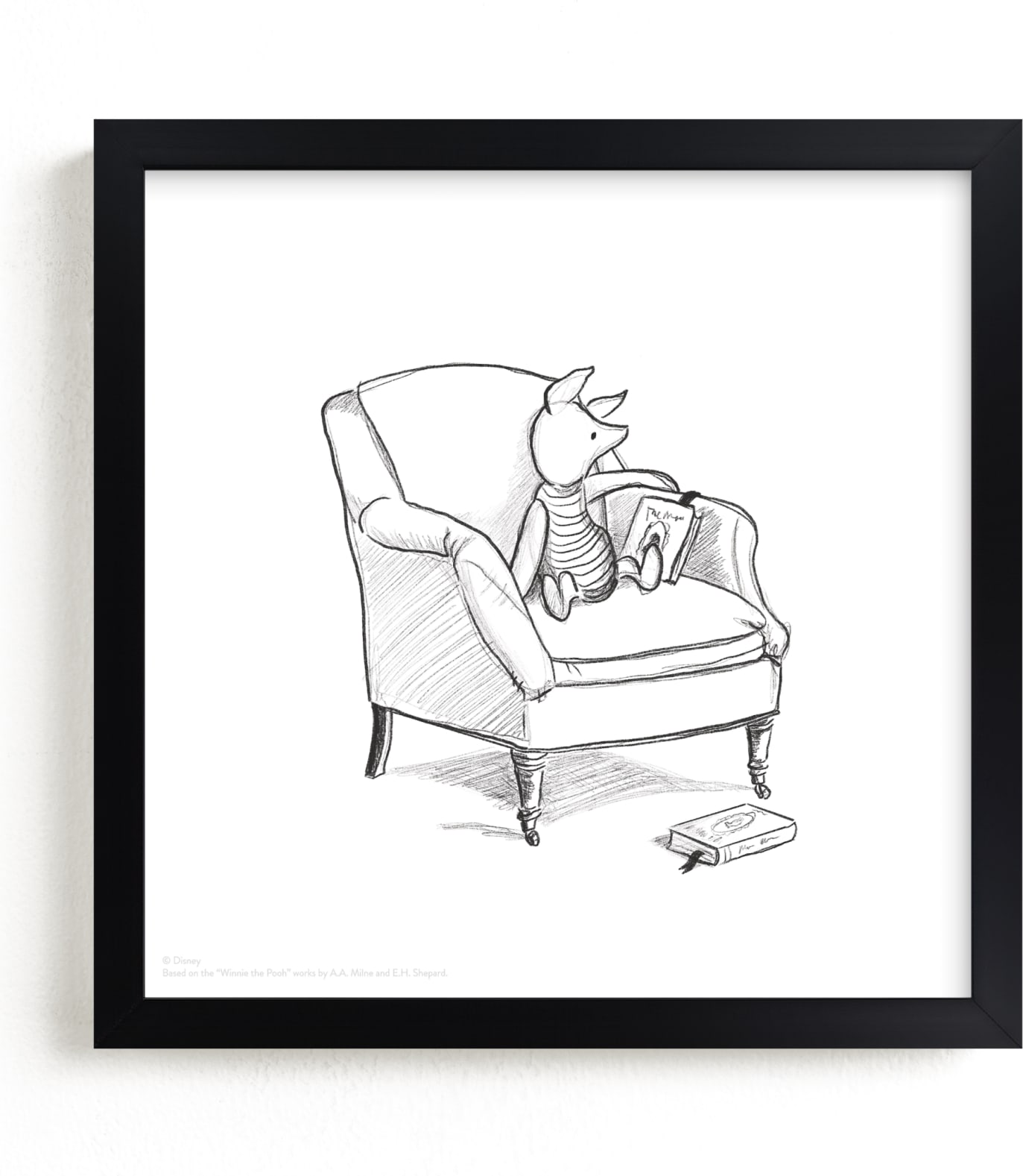 This is a black and white disney art by Stefanie Lane called Piglet Lounging from Disney's Winnie The Pooh.